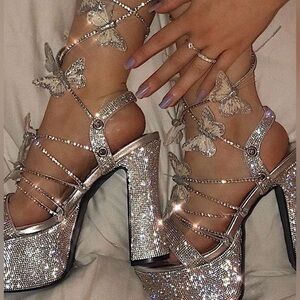 Silver shiny platform heels w butterfly DOLLS KILL